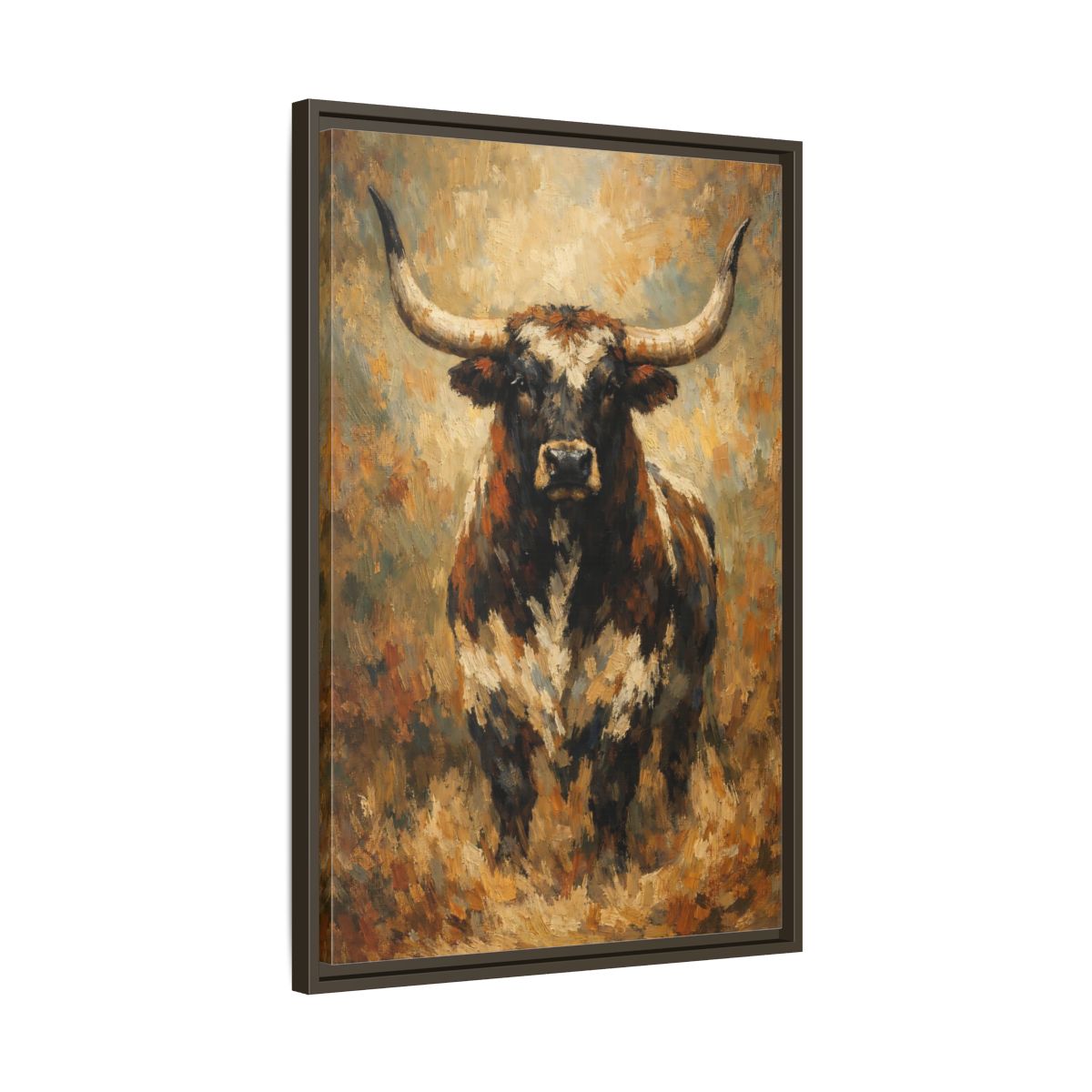 Side Mockup 12. Animals Bull Brown Bull shown as stretched canvas wall art