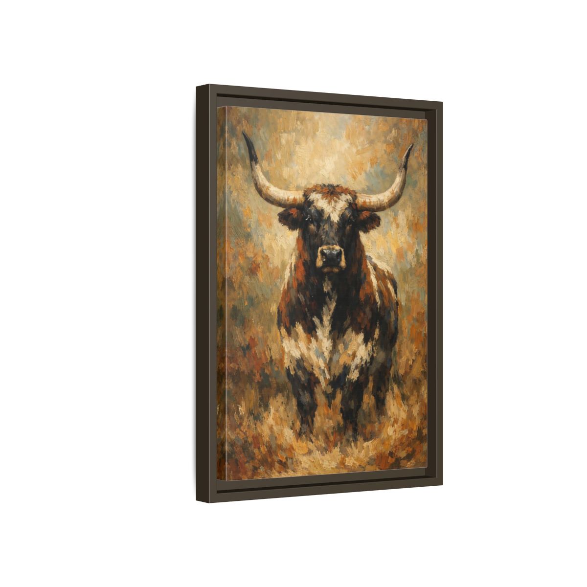 Side Mockup 5. Animals Bull Brown Bull shown as stretched canvas wall art