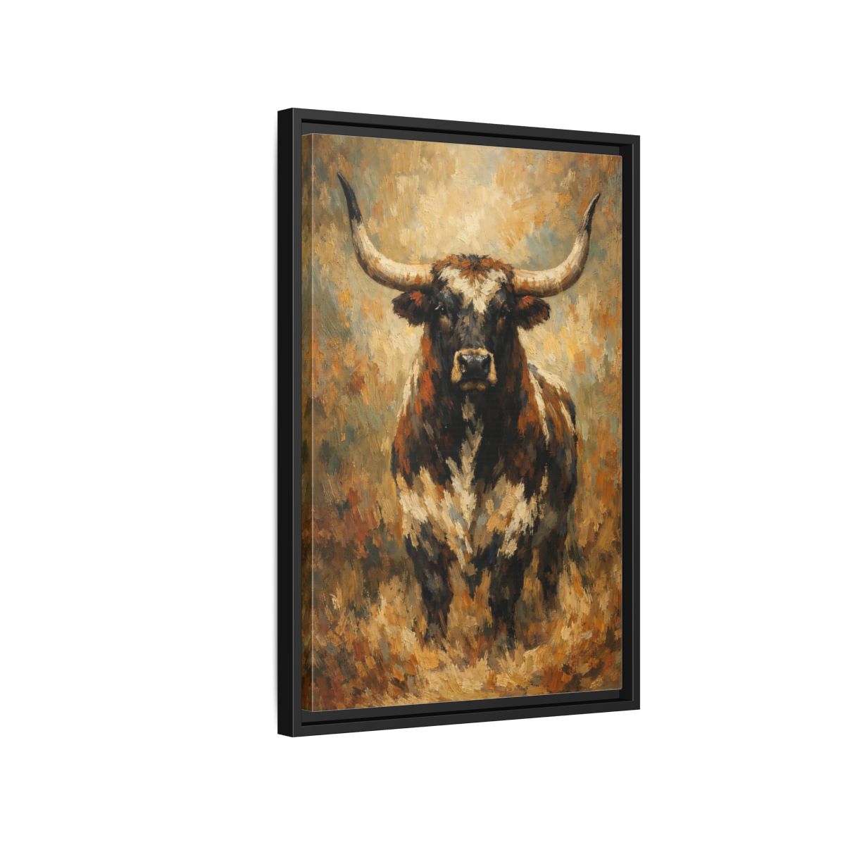 Side Mockup 3. Animals Bull Brown Bull shown as stretched canvas wall art