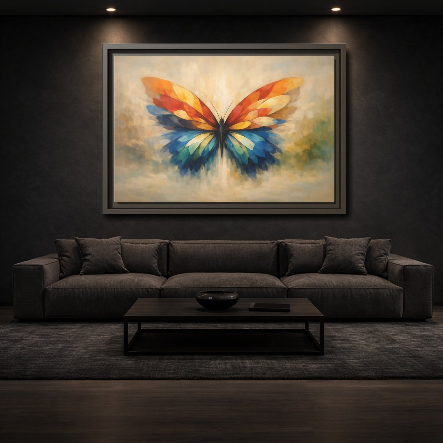 Mockup 2. Animals Butterfly Vibrant Butterfly shown as stretched canvas wall art