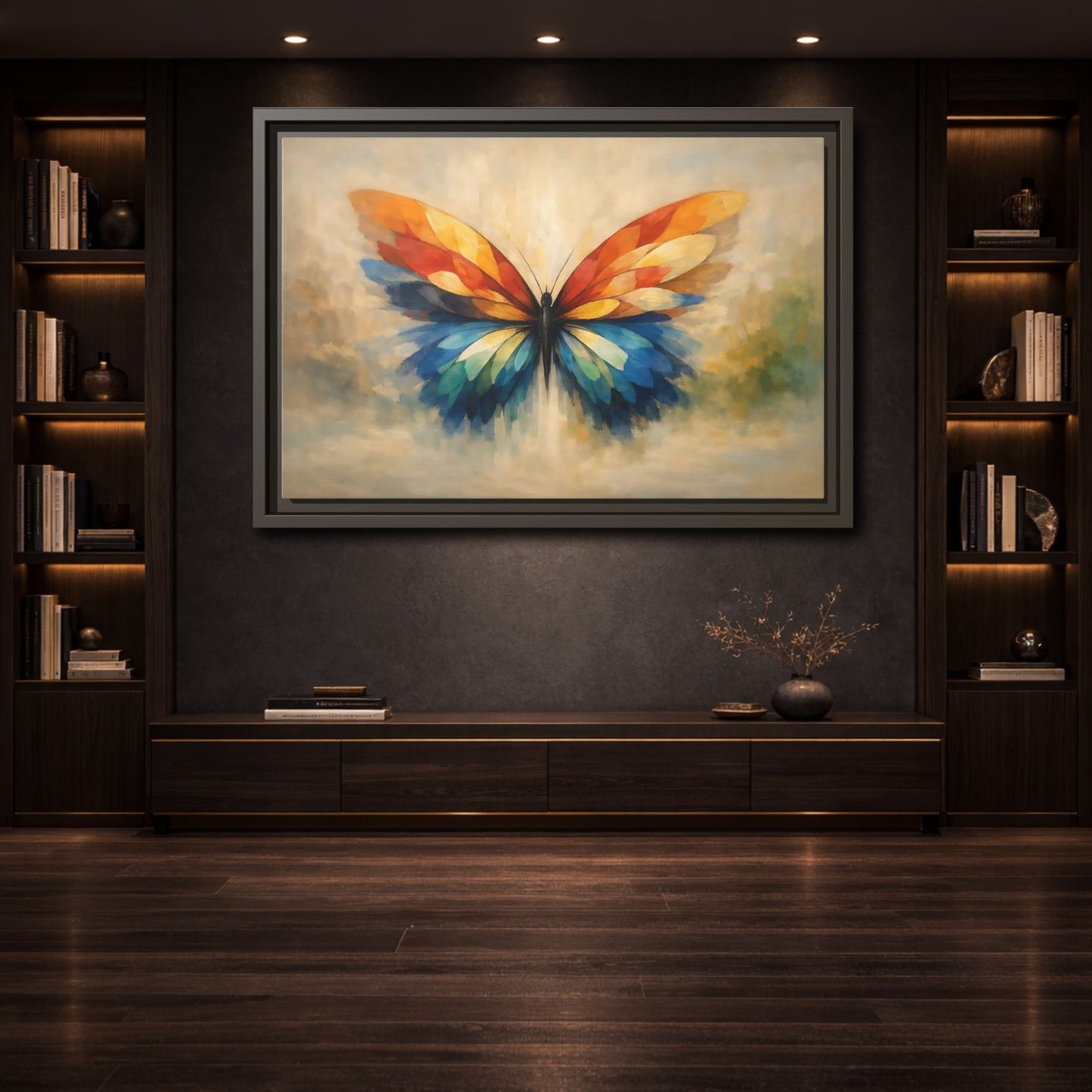 Mockup 3. Animals Butterfly Vibrant Butterfly shown as stretched canvas wall art