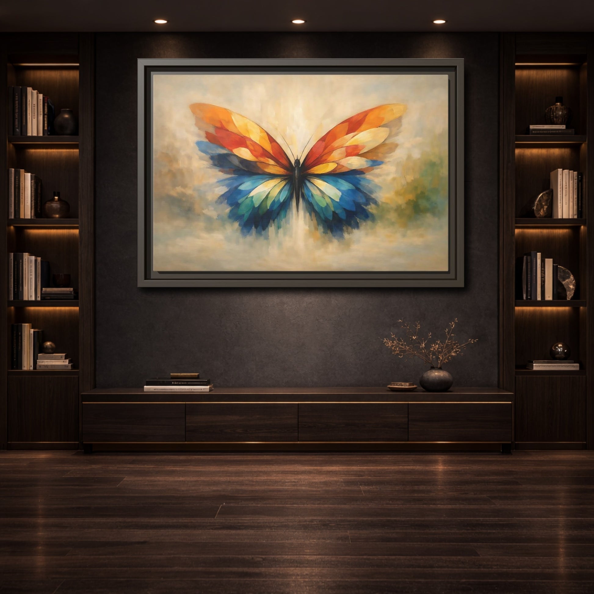 Mockup 3. Animals Butterfly Vibrant Butterfly shown as stretched canvas wall art