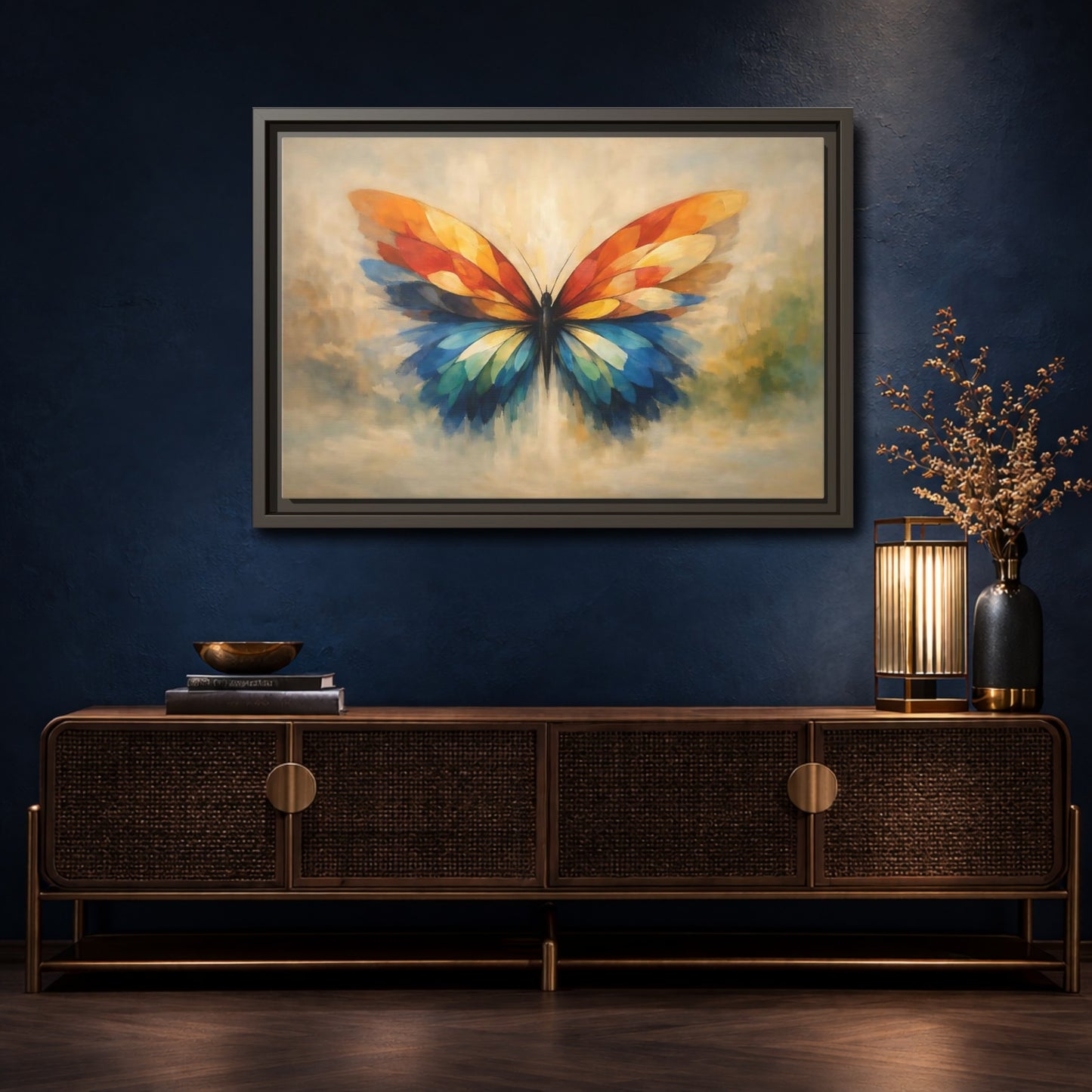 Mockup 4. Animals Butterfly Vibrant Butterfly shown as stretched canvas wall art