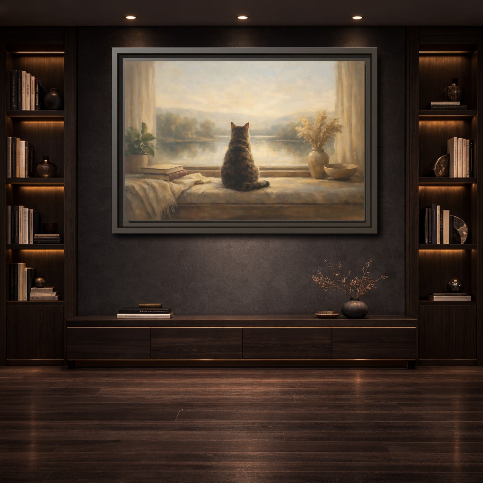 Mockup 3. Animals Calico Cat Calico Cat Window shown as stretched canvas wall art