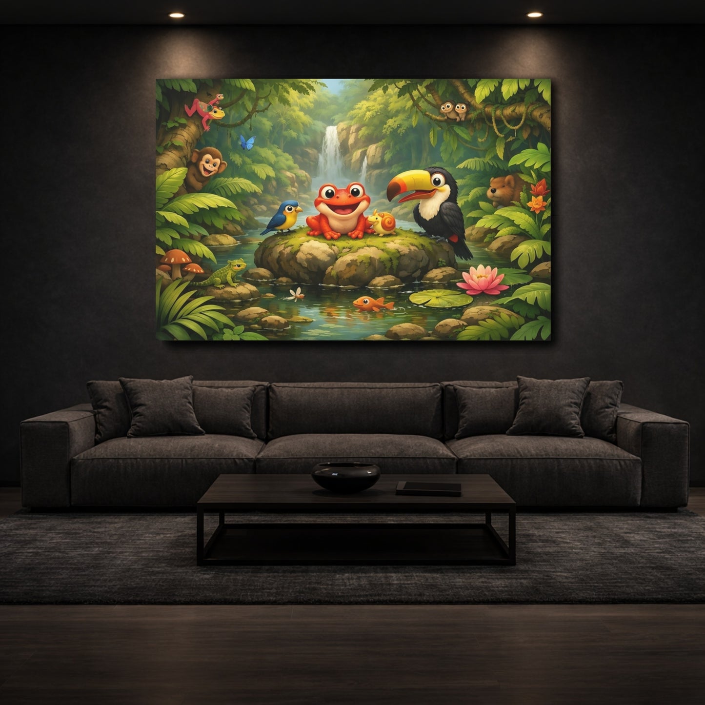 Mockup 2. Animals Cartoon Animals Colorful Jungle Animals shown as stretched canvas wall art