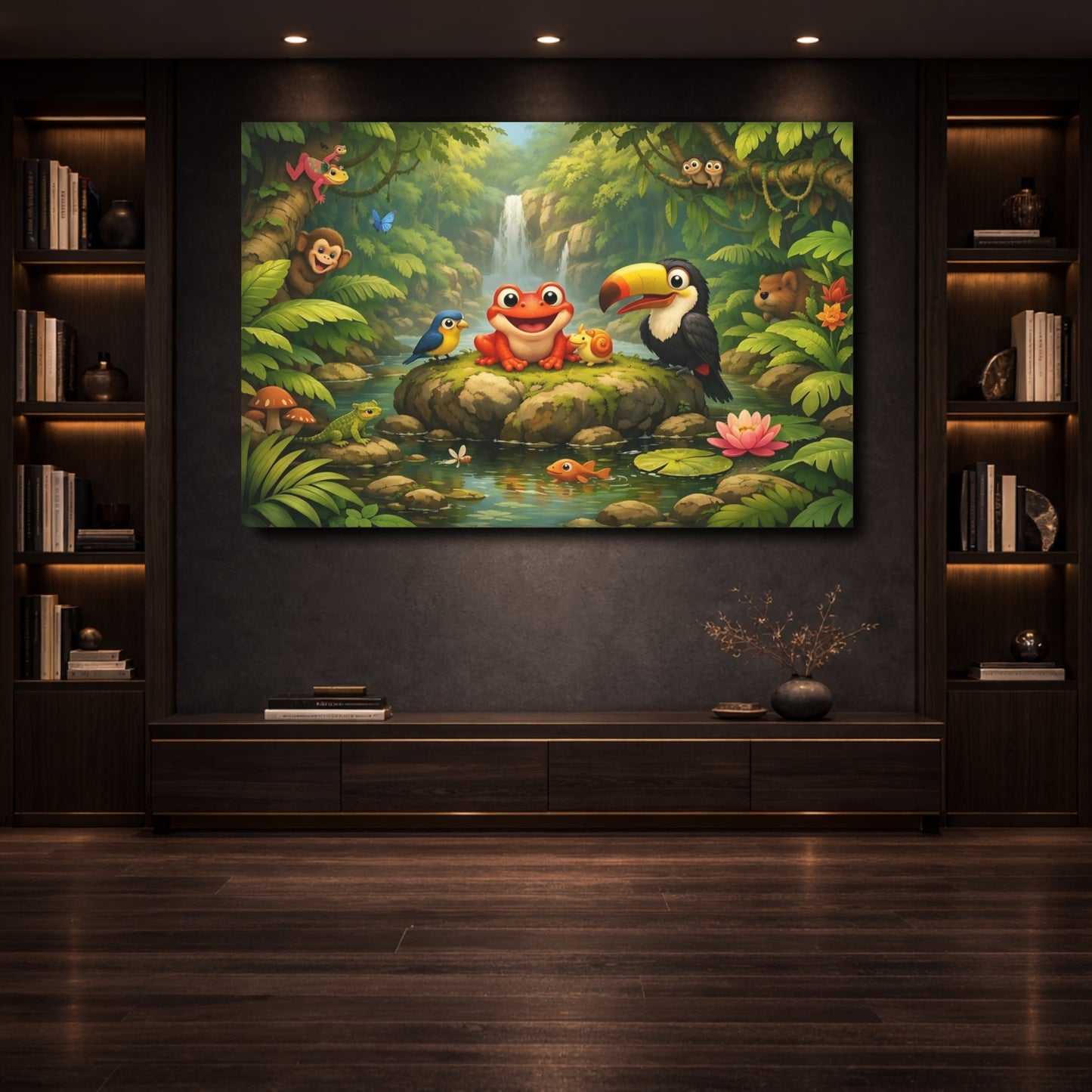 Mockup 3. Animals Cartoon Animals Colorful Jungle Animals shown as stretched canvas wall art