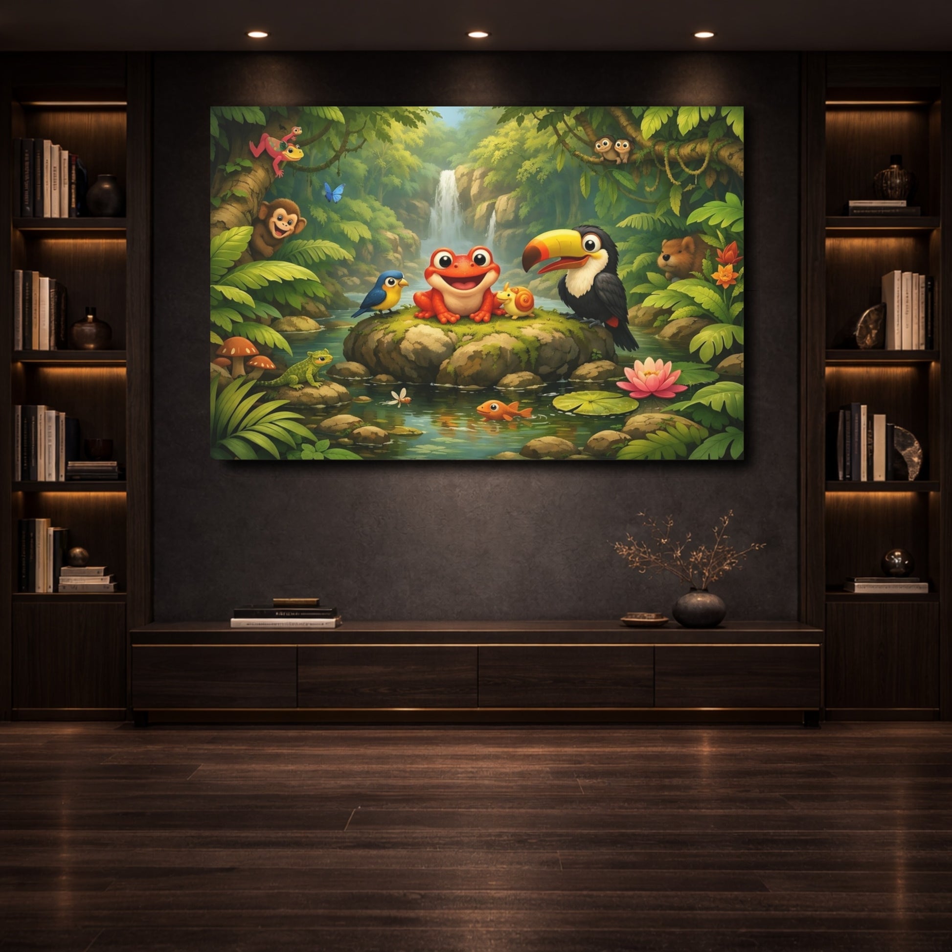 Mockup 3. Animals Cartoon Animals Colorful Jungle Animals shown as stretched canvas wall art