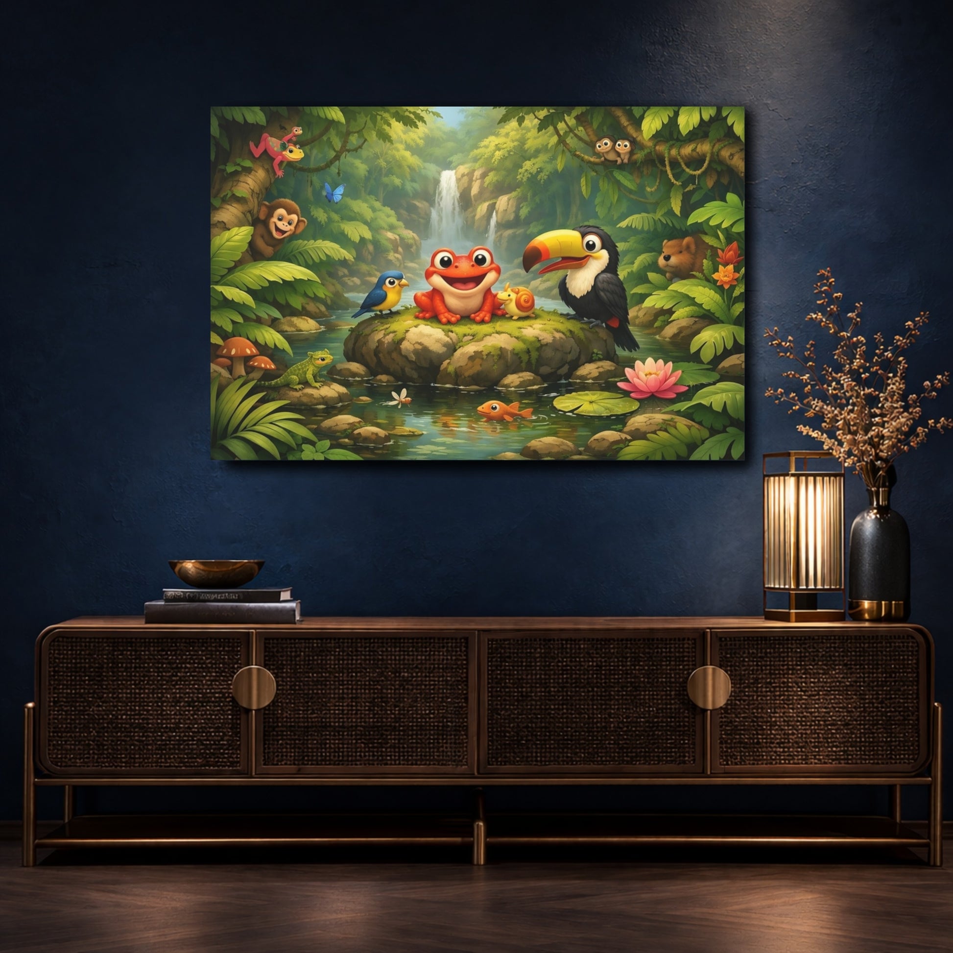 Mockup 4. Animals Cartoon Animals Colorful Jungle Animals shown as stretched canvas wall art