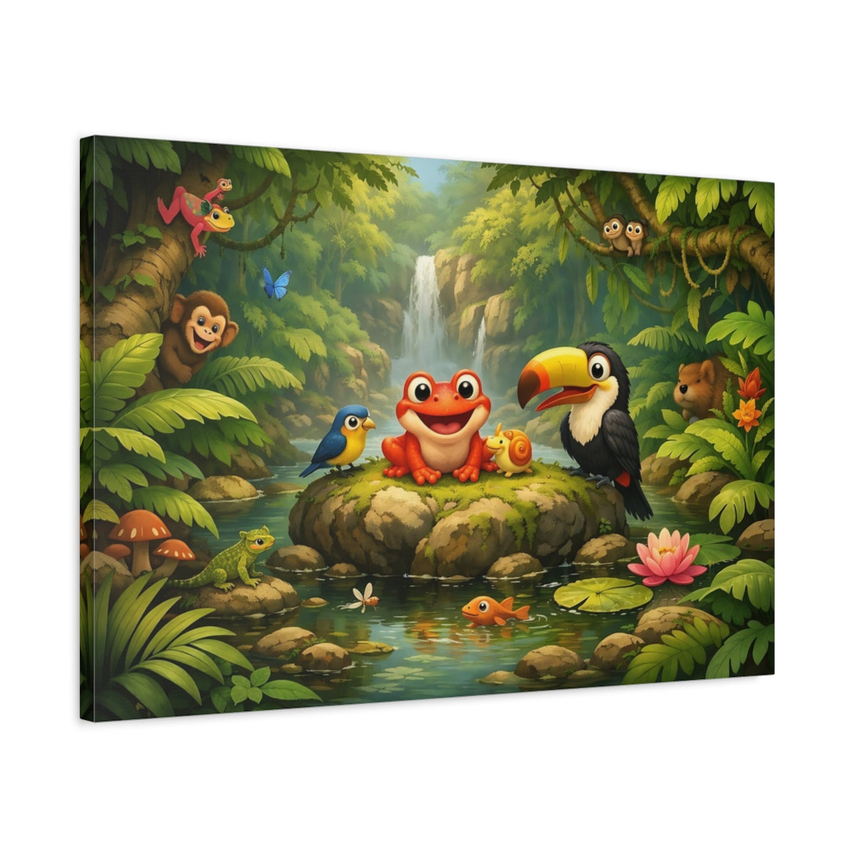 Side Mockup 2. Animals Cartoon Animals Colorful Jungle Animals shown as stretched canvas wall art