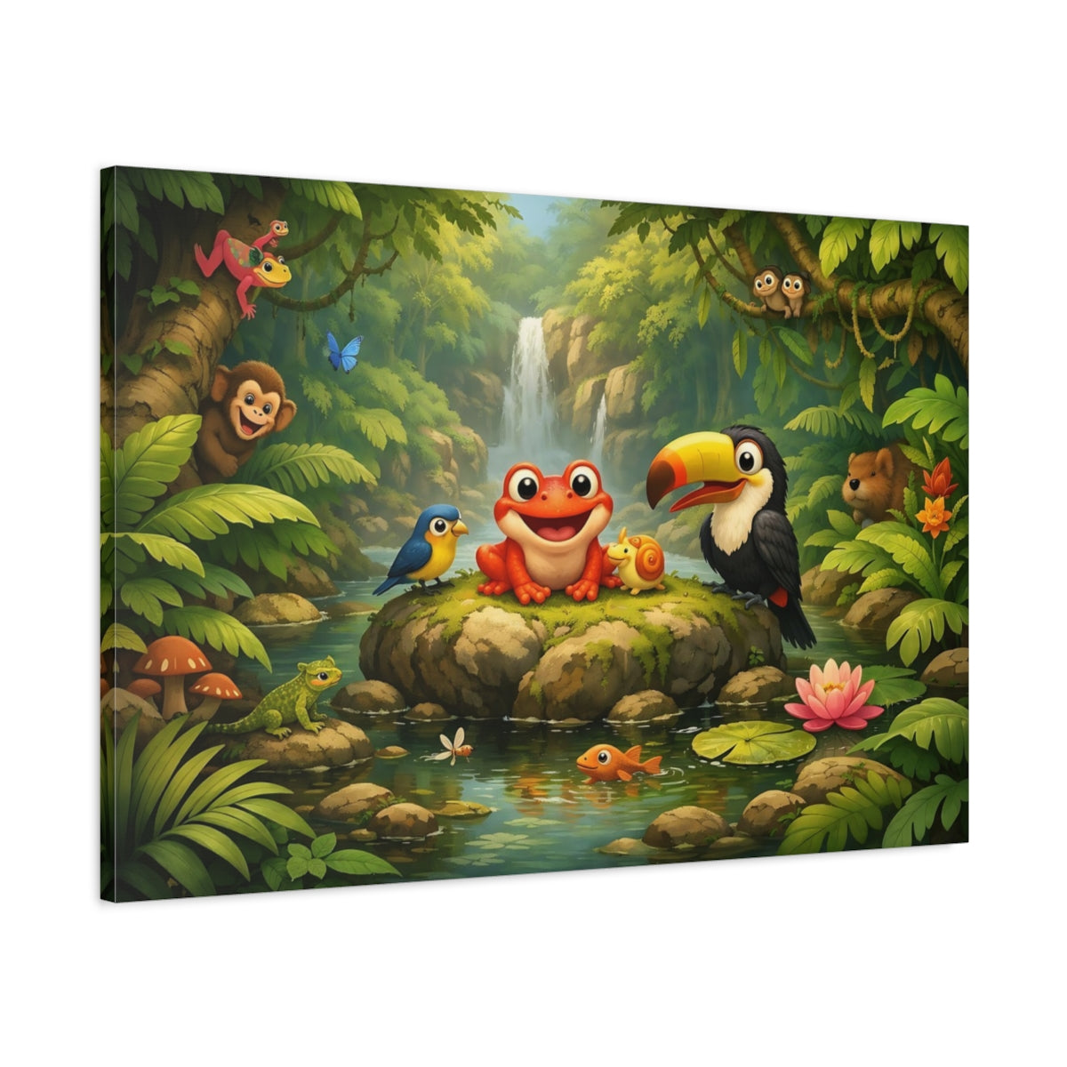 Side Mockup 1. Animals Cartoon Animals Colorful Jungle Animals shown as stretched canvas wall art