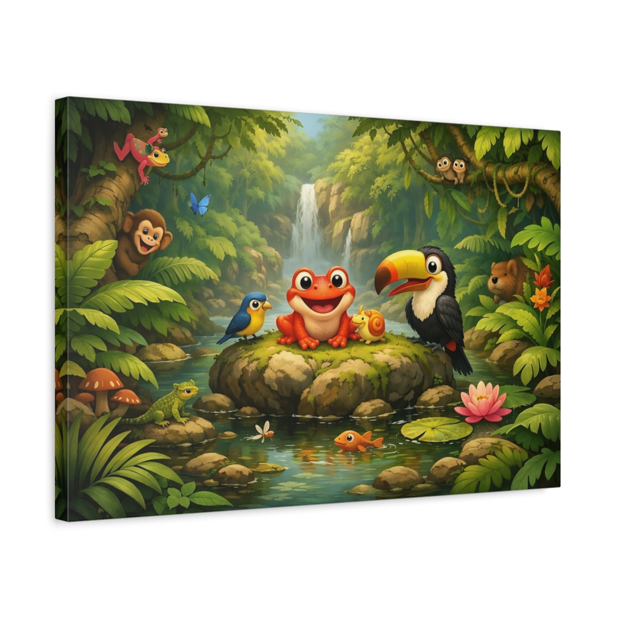 Side Mockup 3. Animals Cartoon Animals Colorful Jungle Animals shown as stretched canvas wall art