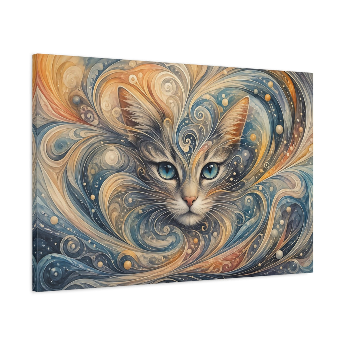 Main Mockup. Animals Cat Blue And Orange shown as stretched canvas wall art