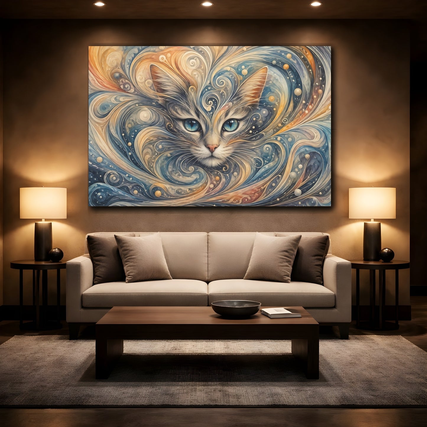 Mockup 2. Animals Cat Blue And Orange shown as stretched canvas wall art