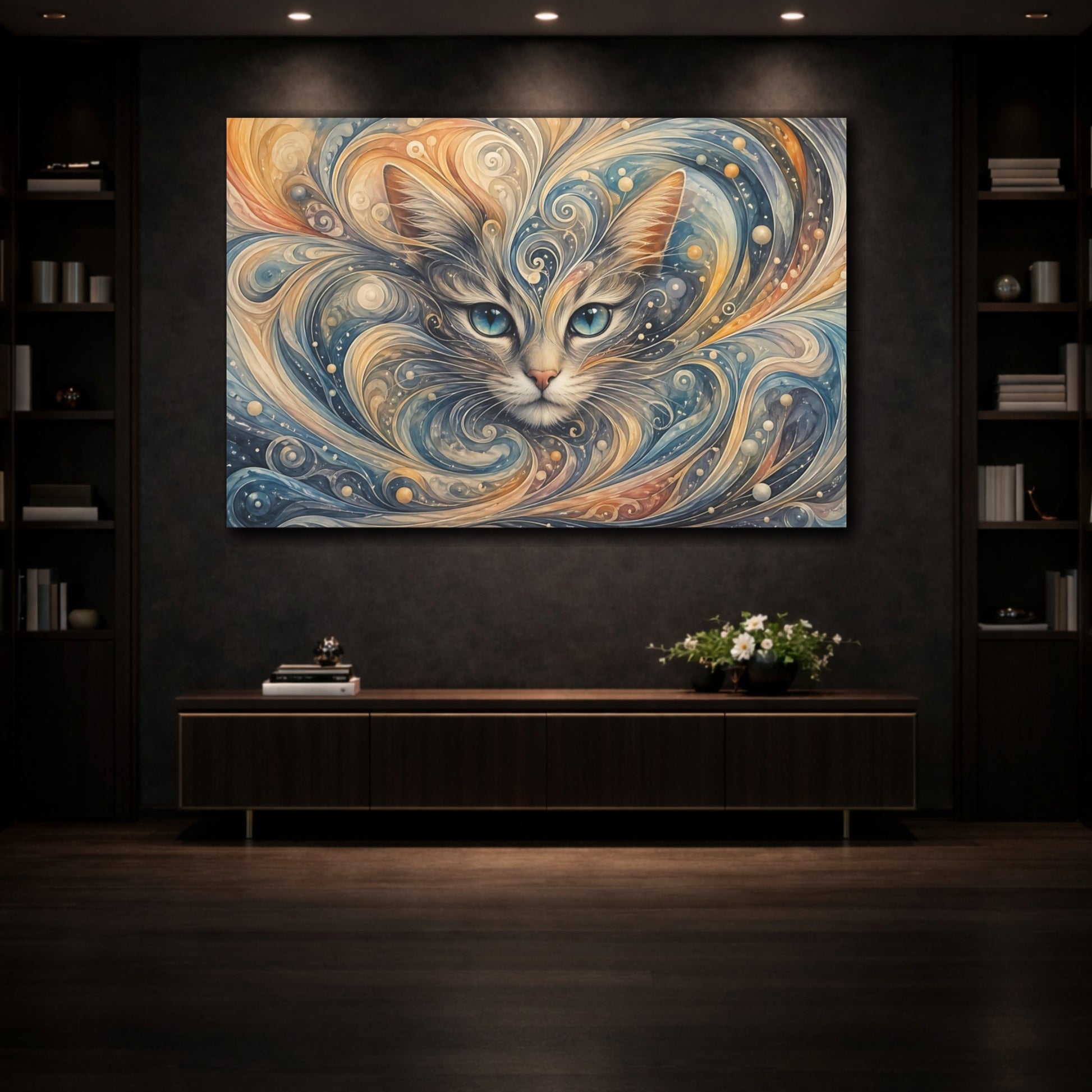 Mockup 3. Animals Cat Blue And Orange shown as stretched canvas wall art