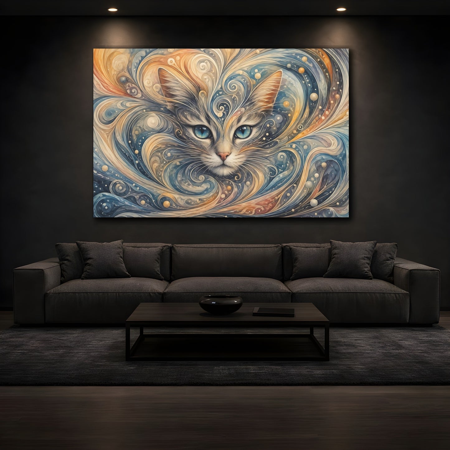 Mockup 4. Animals Cat Blue And Orange shown as stretched canvas wall art