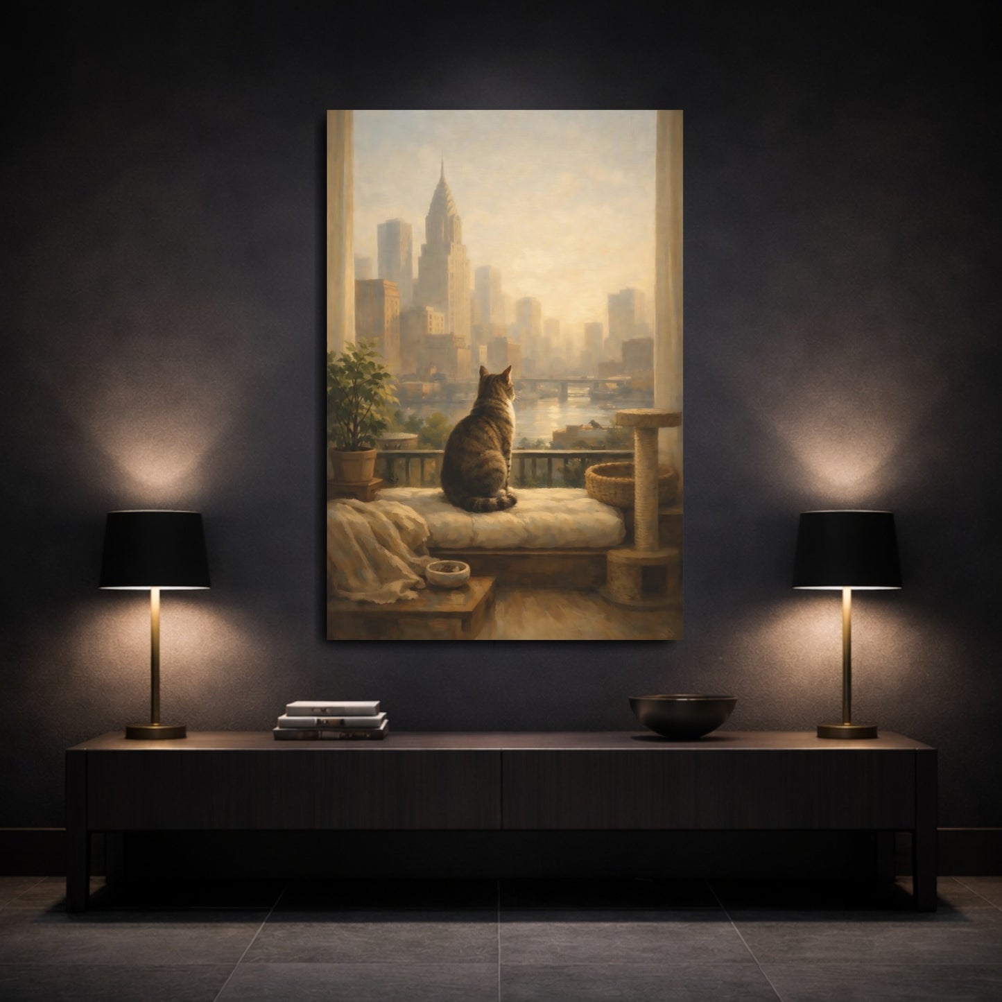 Mockup 2. Animals Cat Cat City View shown as stretched canvas wall art