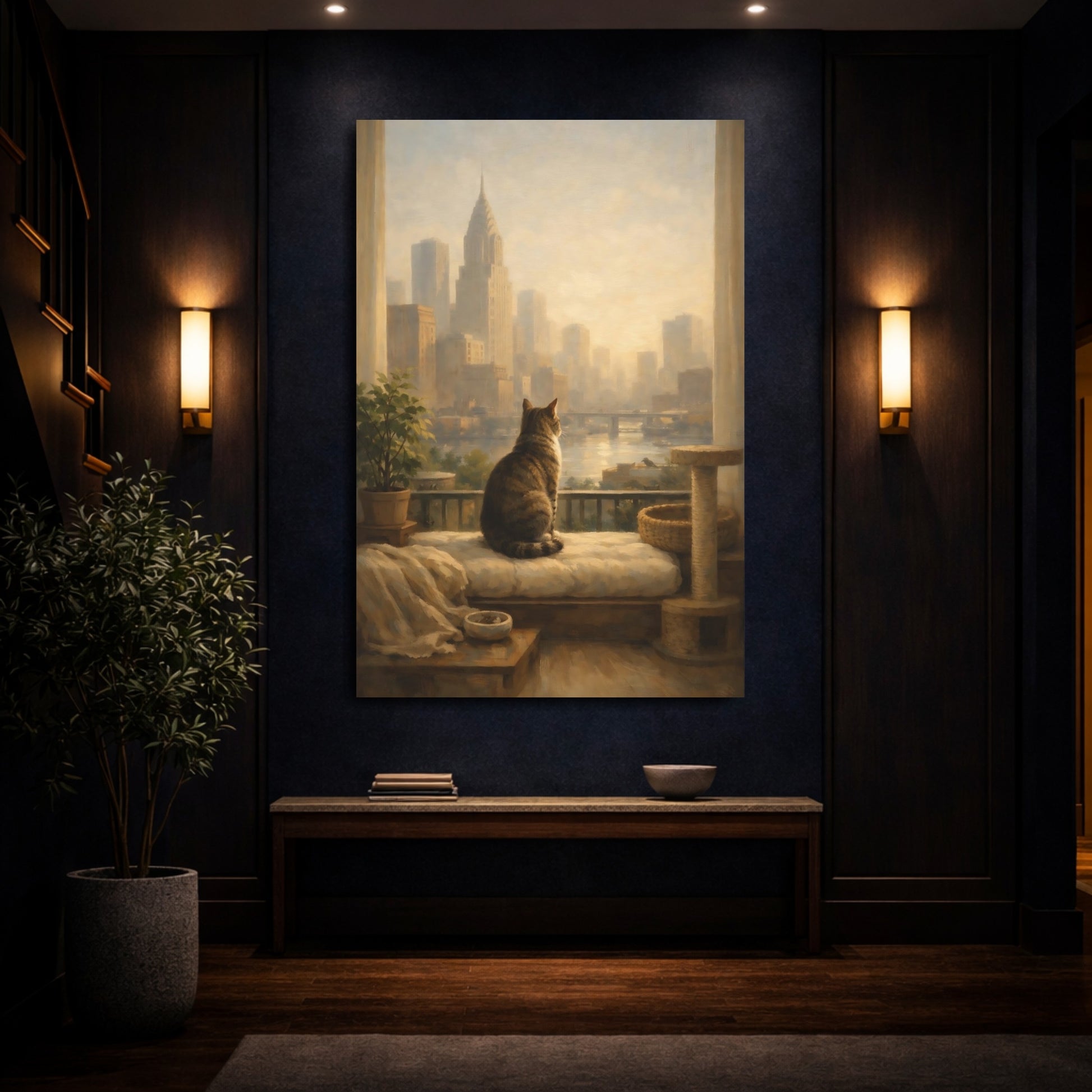 Mockup 3. Animals Cat Cat City View shown as stretched canvas wall art