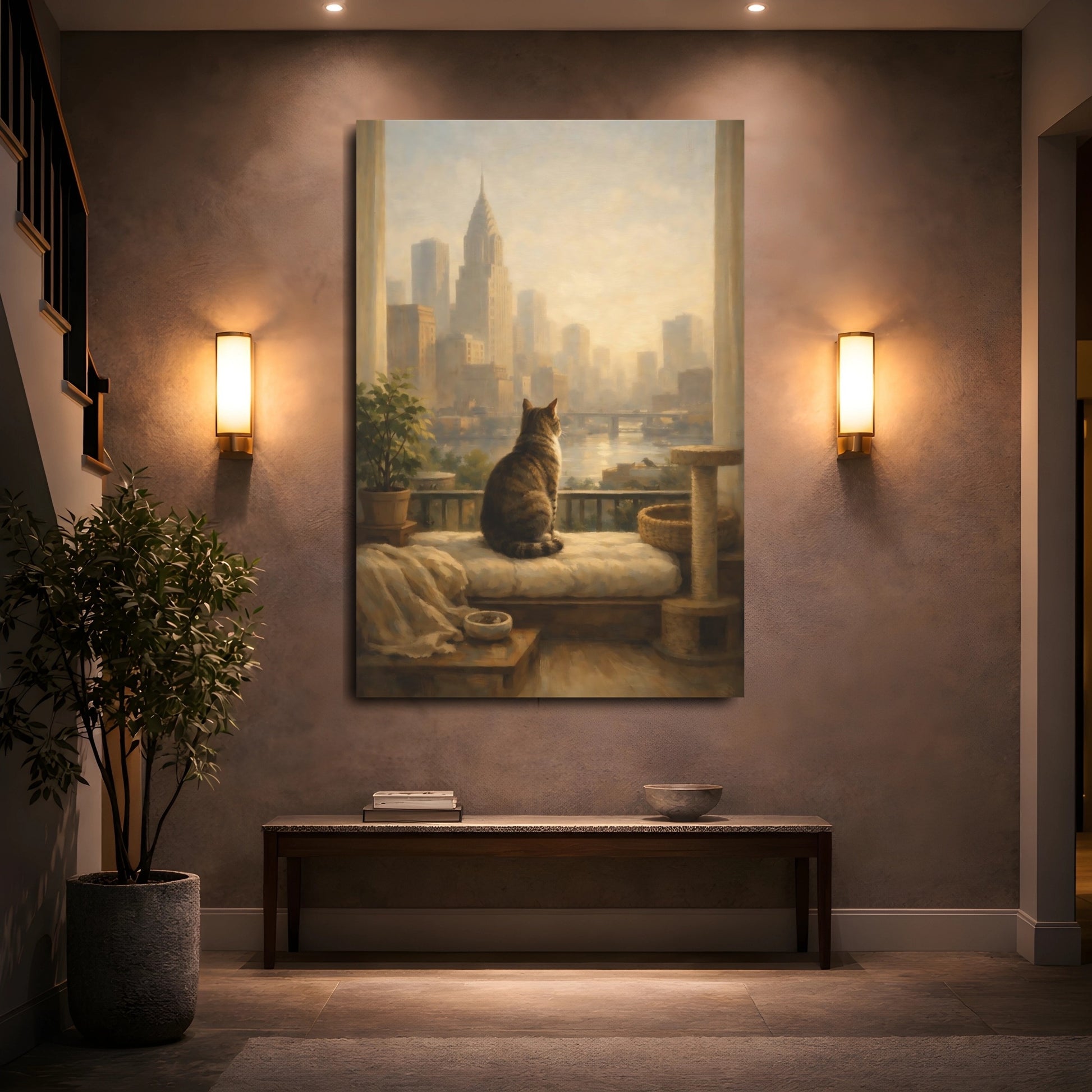 Mockup 4. Animals Cat Cat City View shown as stretched canvas wall art