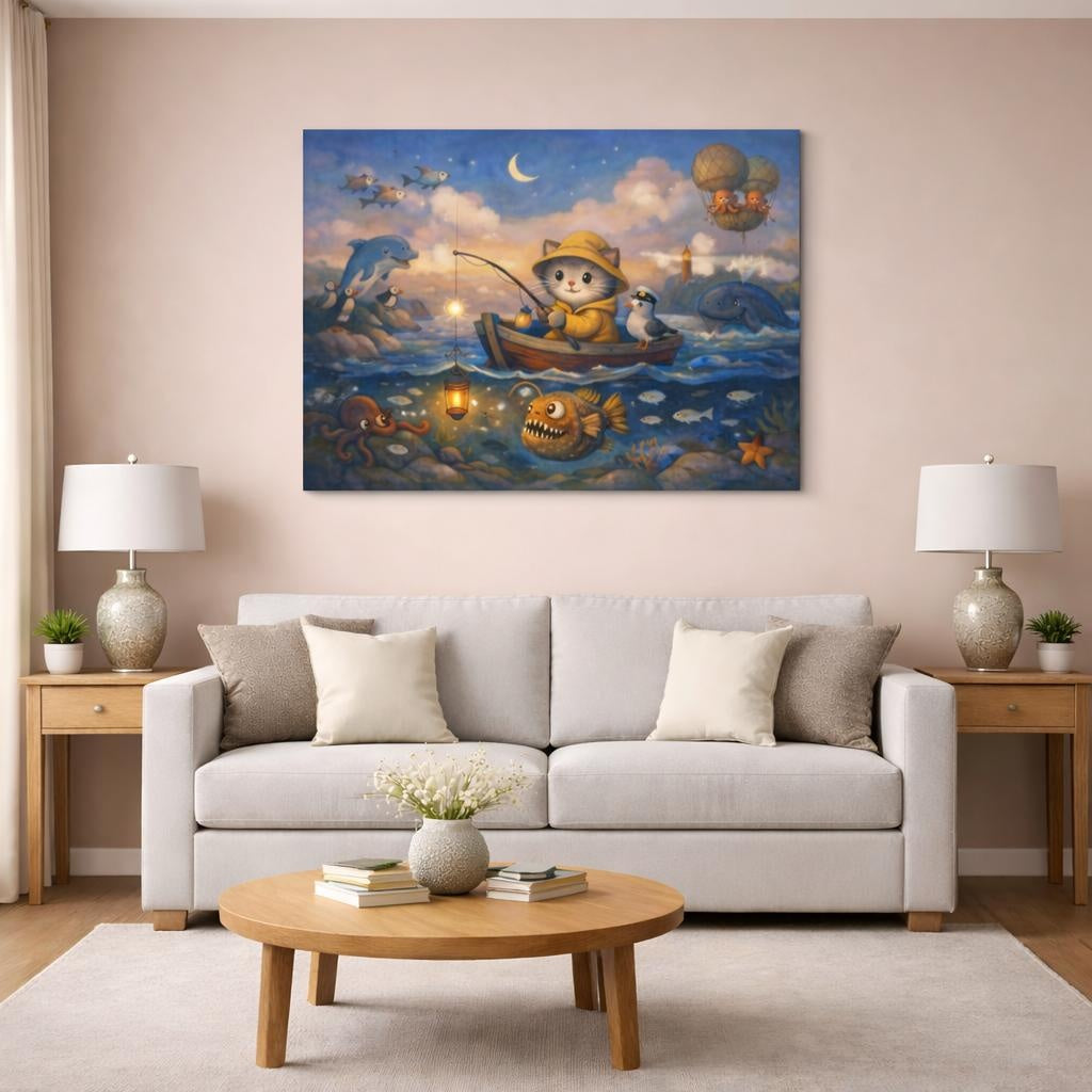 Animals Cat Fishing Whimsical Ocean Adventure shown as canvas wall art in a modern living room