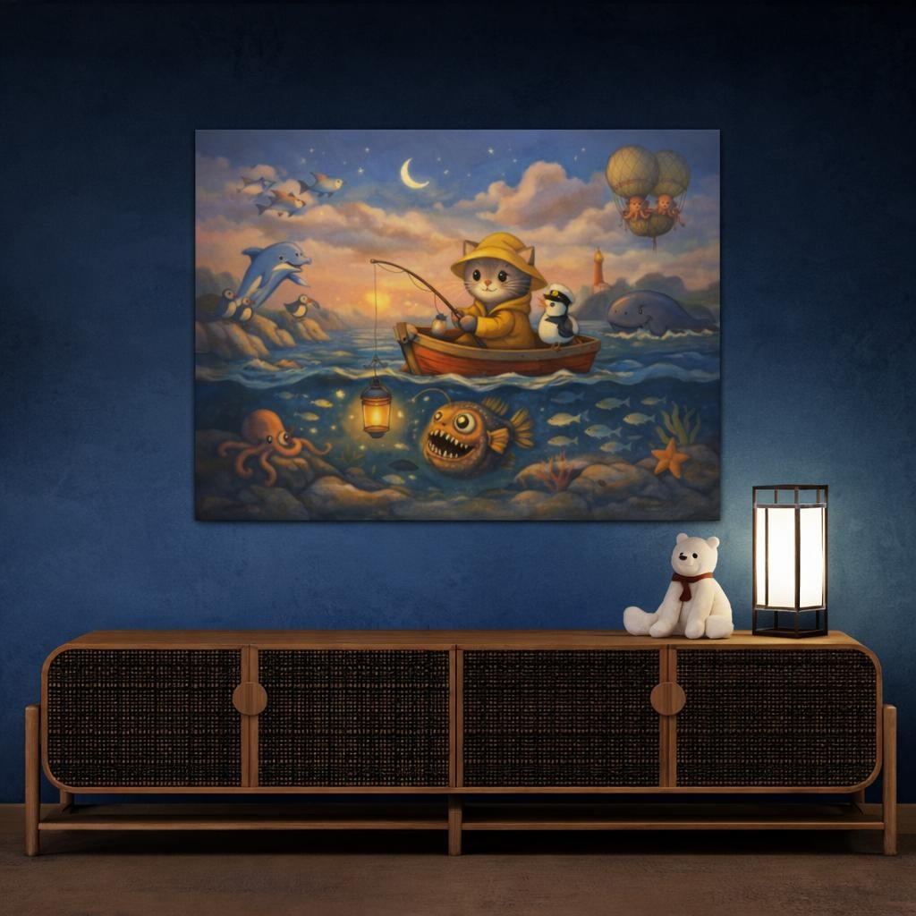 Animals Cat Fishing Whimsical Ocean Adventure shown as canvas wall art in a sophisticated contemporary living space