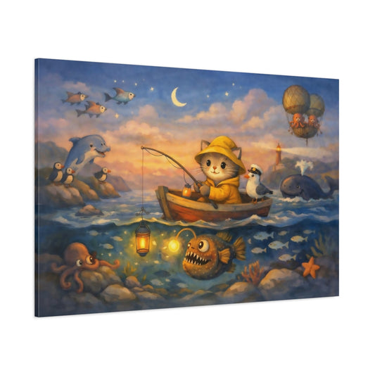 Animals Cat Fishing Whimsical Ocean Adventure shown as stretched canvas wall art