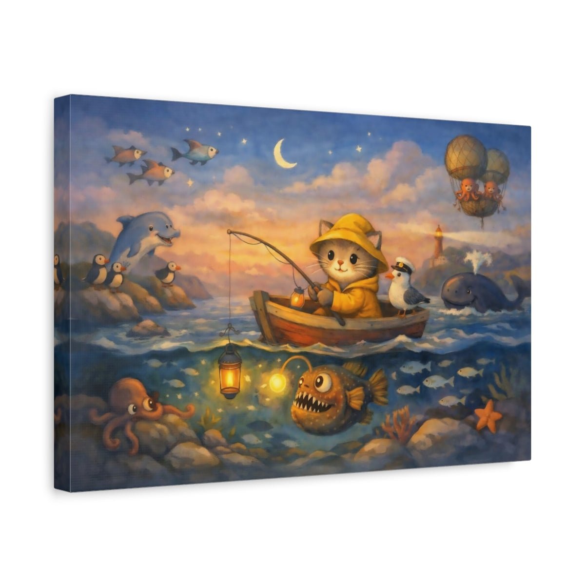 Animals Cat Fishing Whimsical Sea Adventure - Canvas Wall Art Print - YesArtYes