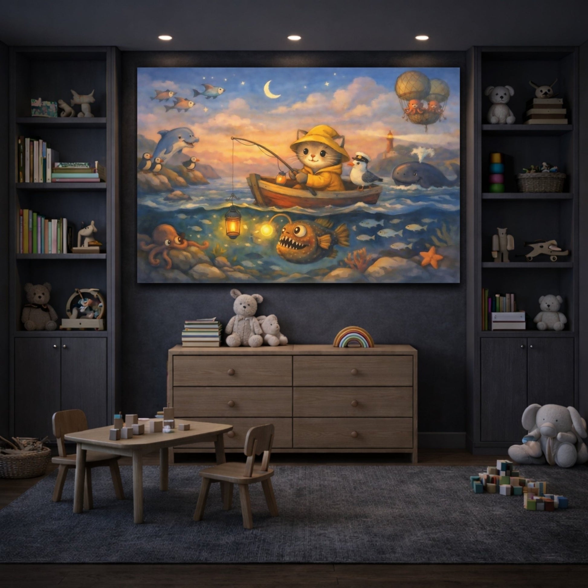 Animals Cat Fishing Whimsical Sea Adventure - Canvas Wall Art Print - YesArtYes