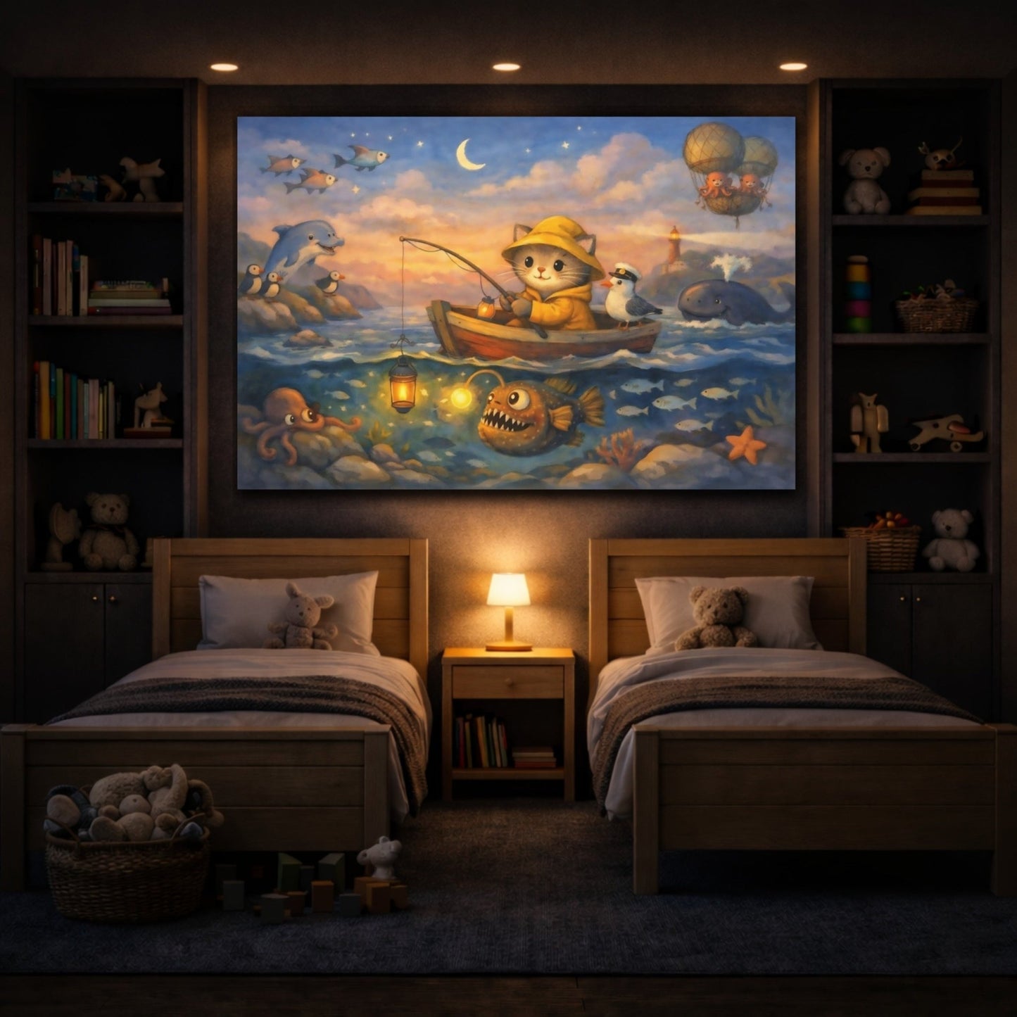Animals Cat Fishing Whimsical Sea Adventure - Canvas Wall Art Print - YesArtYes