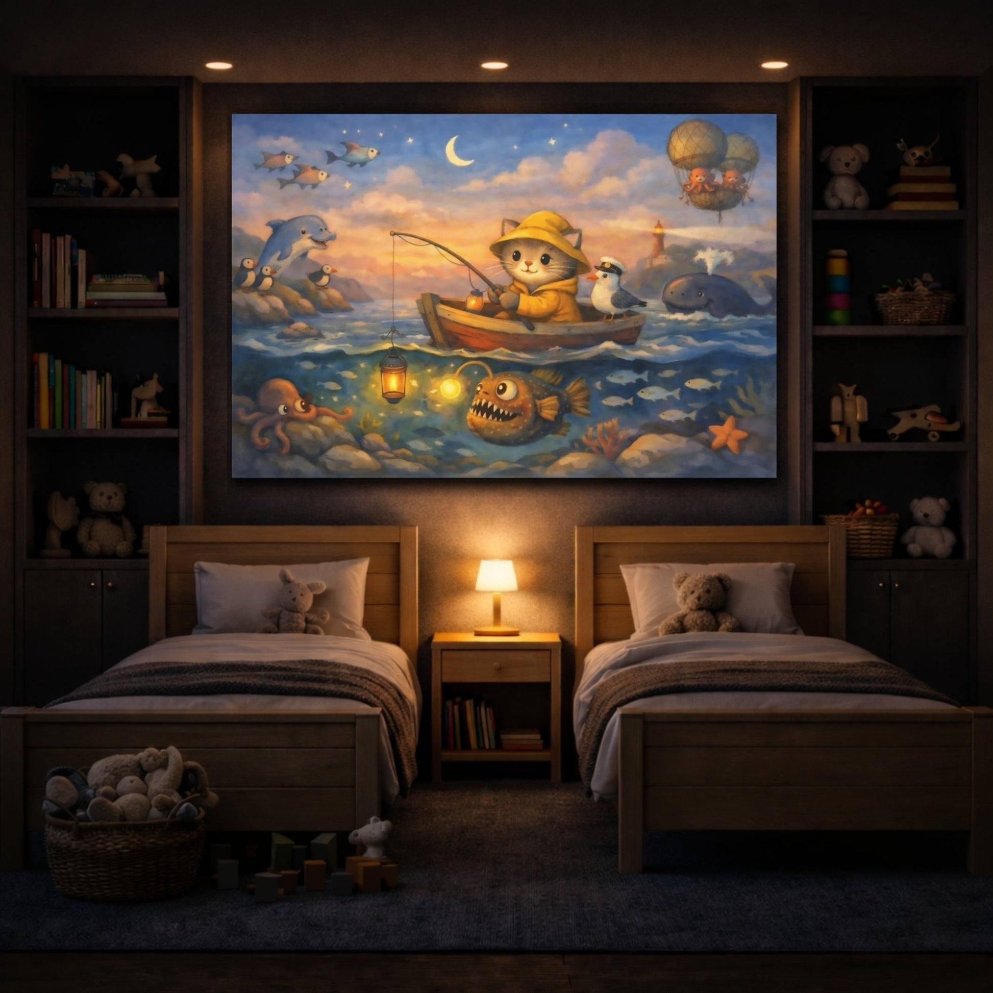 Animals Cat Fishing Whimsical Sea Adventure - Canvas Wall Art Print - YesArtYes
