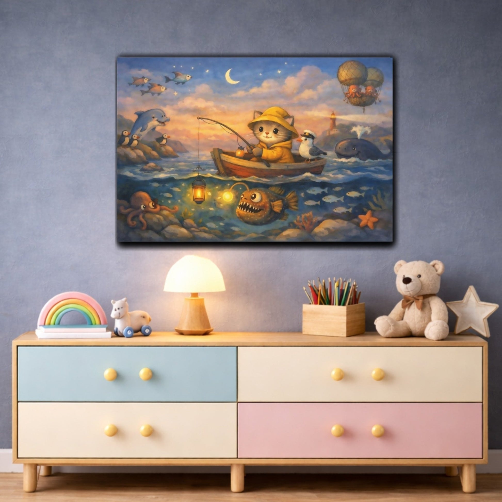 Animals Cat Fishing Whimsical Sea Adventure - Canvas Wall Art Print - YesArtYes