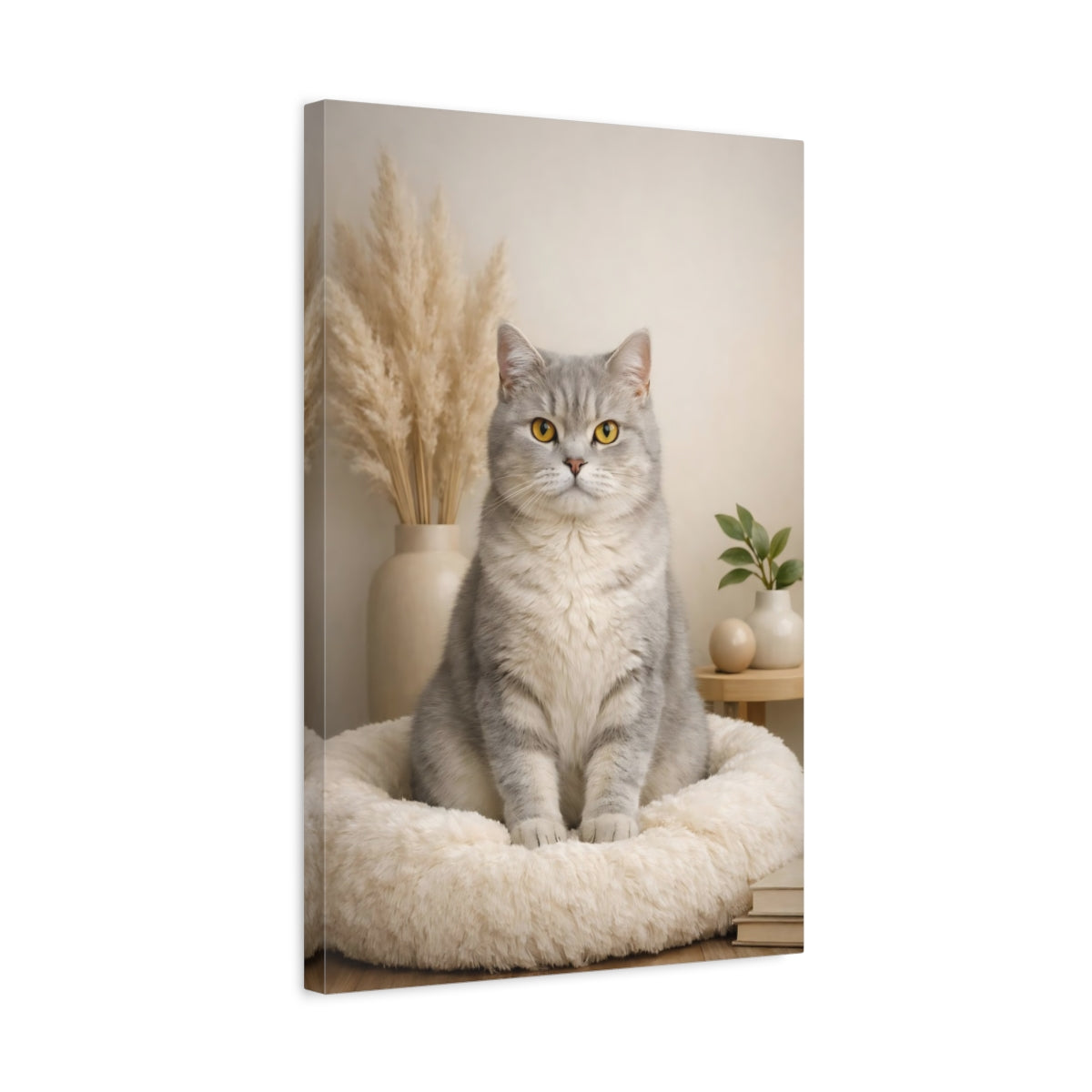Side Mockup 3. Animals Cat Grey Cat shown as stretched canvas wall art