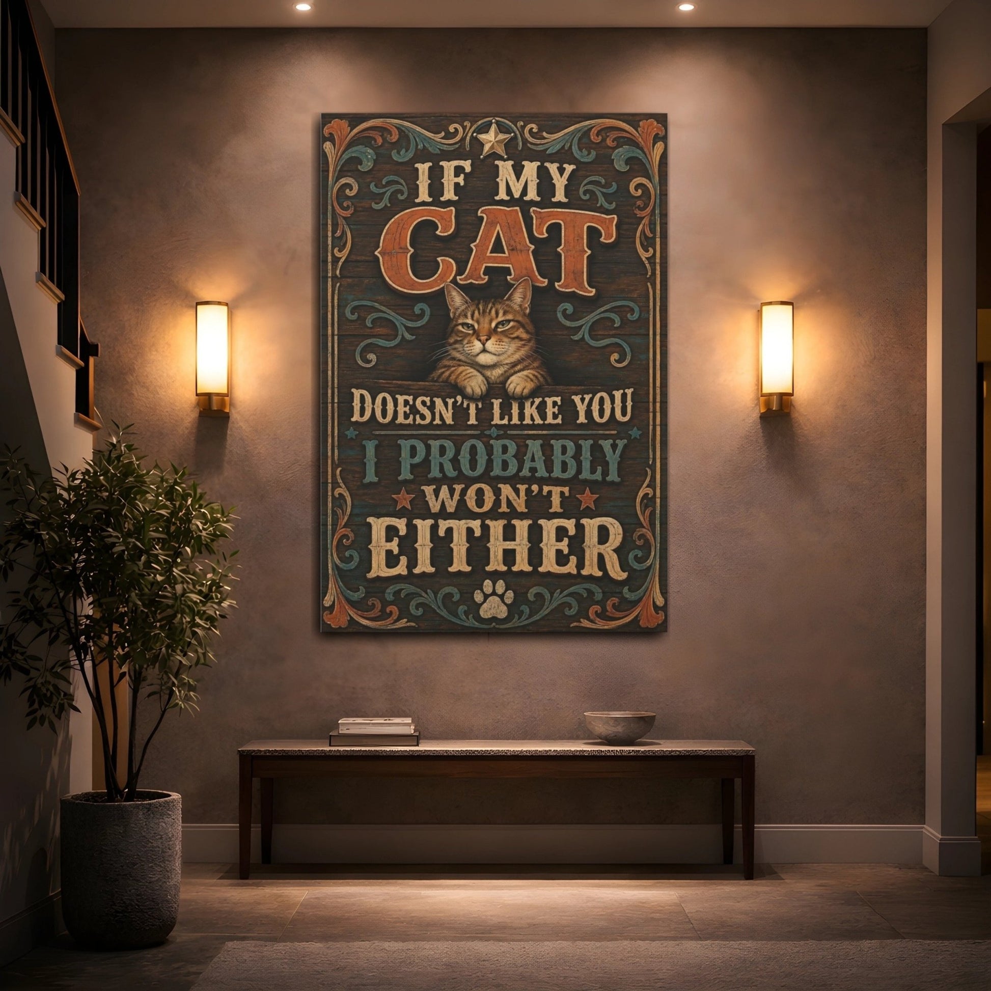 Animals Cat Rustic Canvas Wall Art Print – Vintage Living Room, Above Sofa - YesArtYes