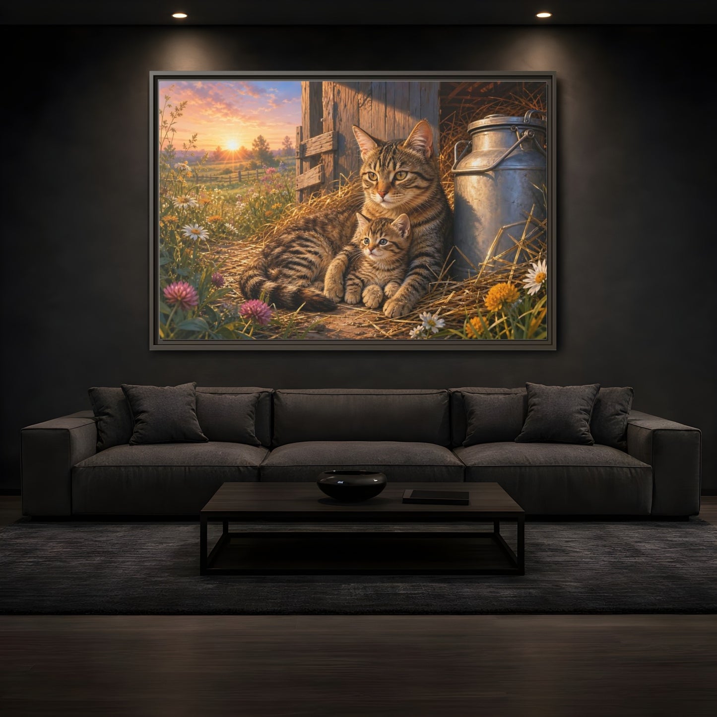 Mockup 3. Animals Cats Warm Sunset Cats shown as stretched canvas wall art