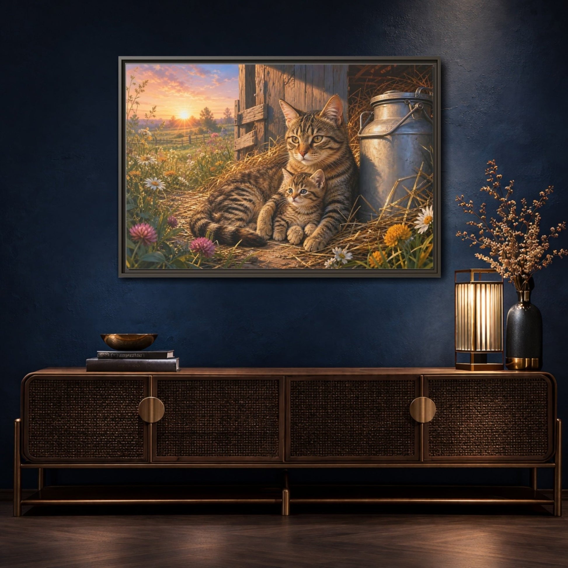 Animals Cats Warm Sunset Framed Canvas Print – Realistic Living Room, Above Sofa - YesArtYes