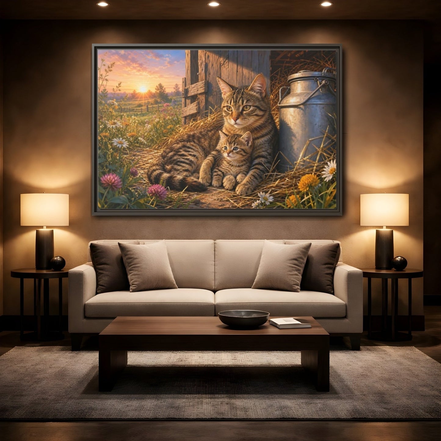 Animals Cats Warm Sunset Framed Canvas Print – Realistic Living Room, Above Sofa - YesArtYes