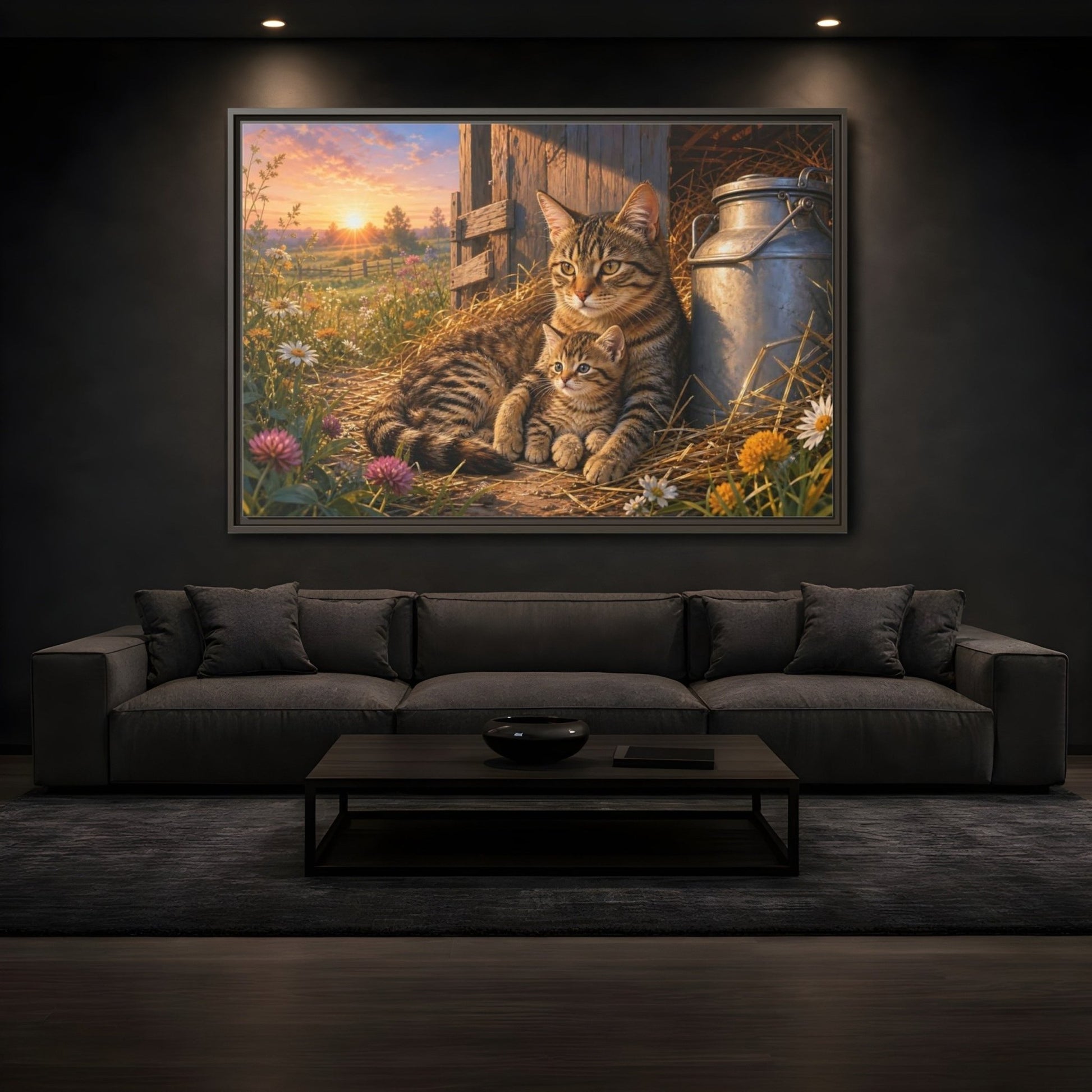 Animals Cats Warm Sunset Framed Canvas Print – Realistic Living Room, Above Sofa - YesArtYes