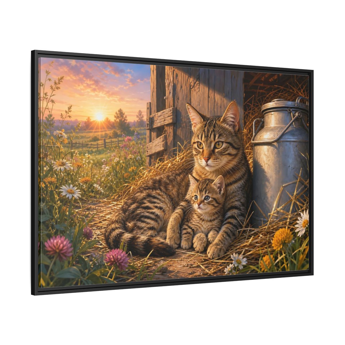 Side Mockup 12. Animals Cats Warm Sunset Cats shown as stretched canvas wall art