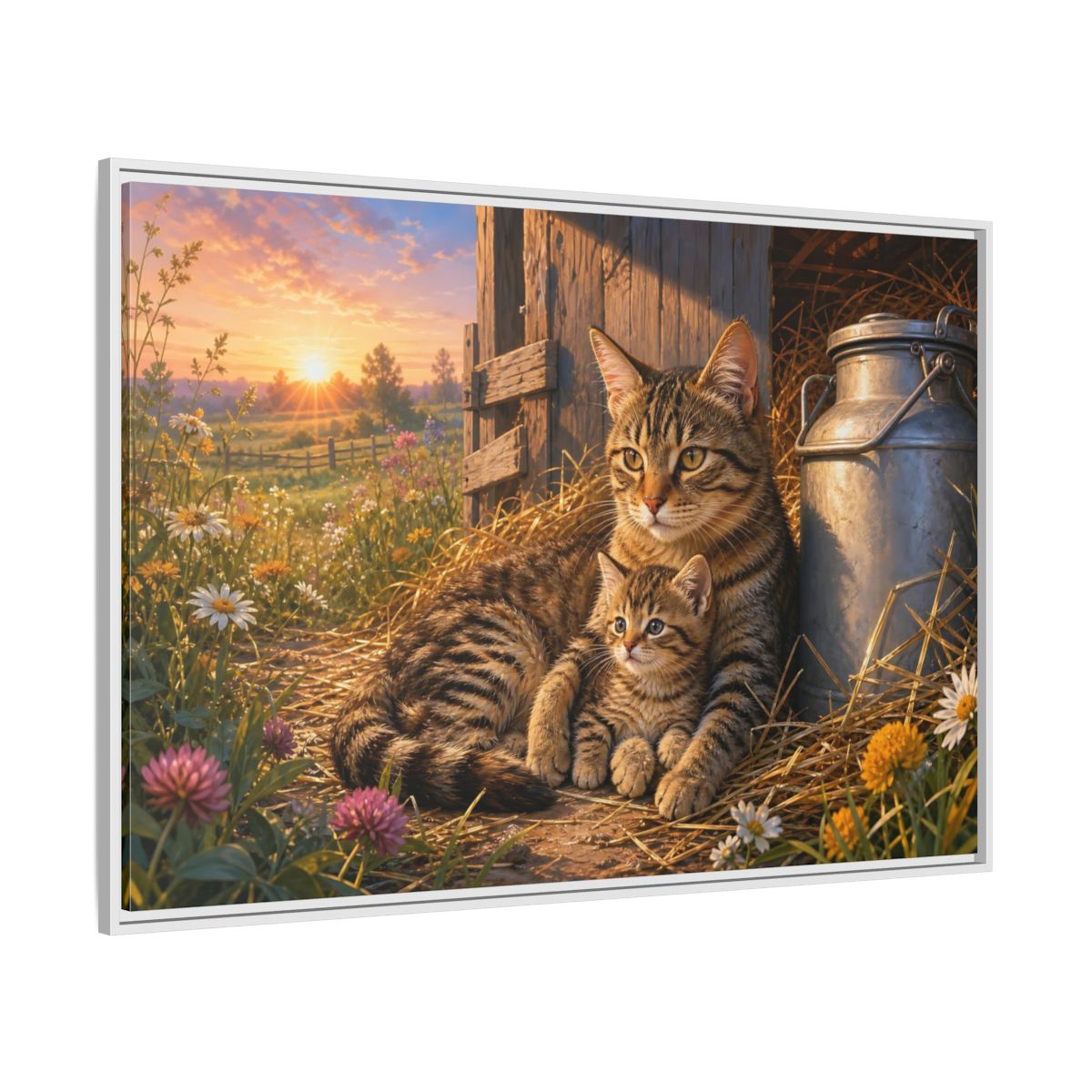 Side Mockup 7. Animals Cats Warm Sunset Cats shown as stretched canvas wall art