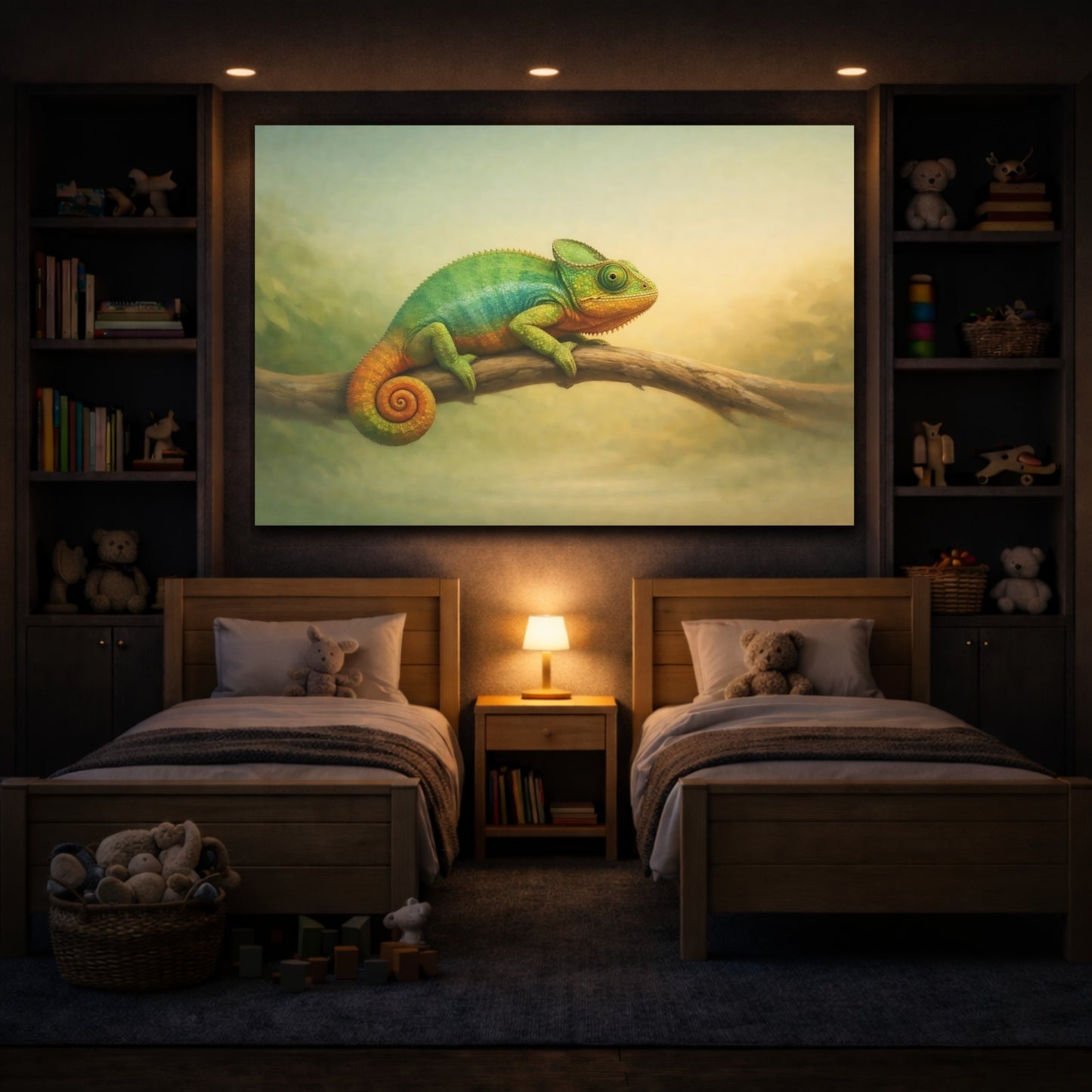 Animals Chameleon Chameleon Green Orange shown as front canvas room wall art