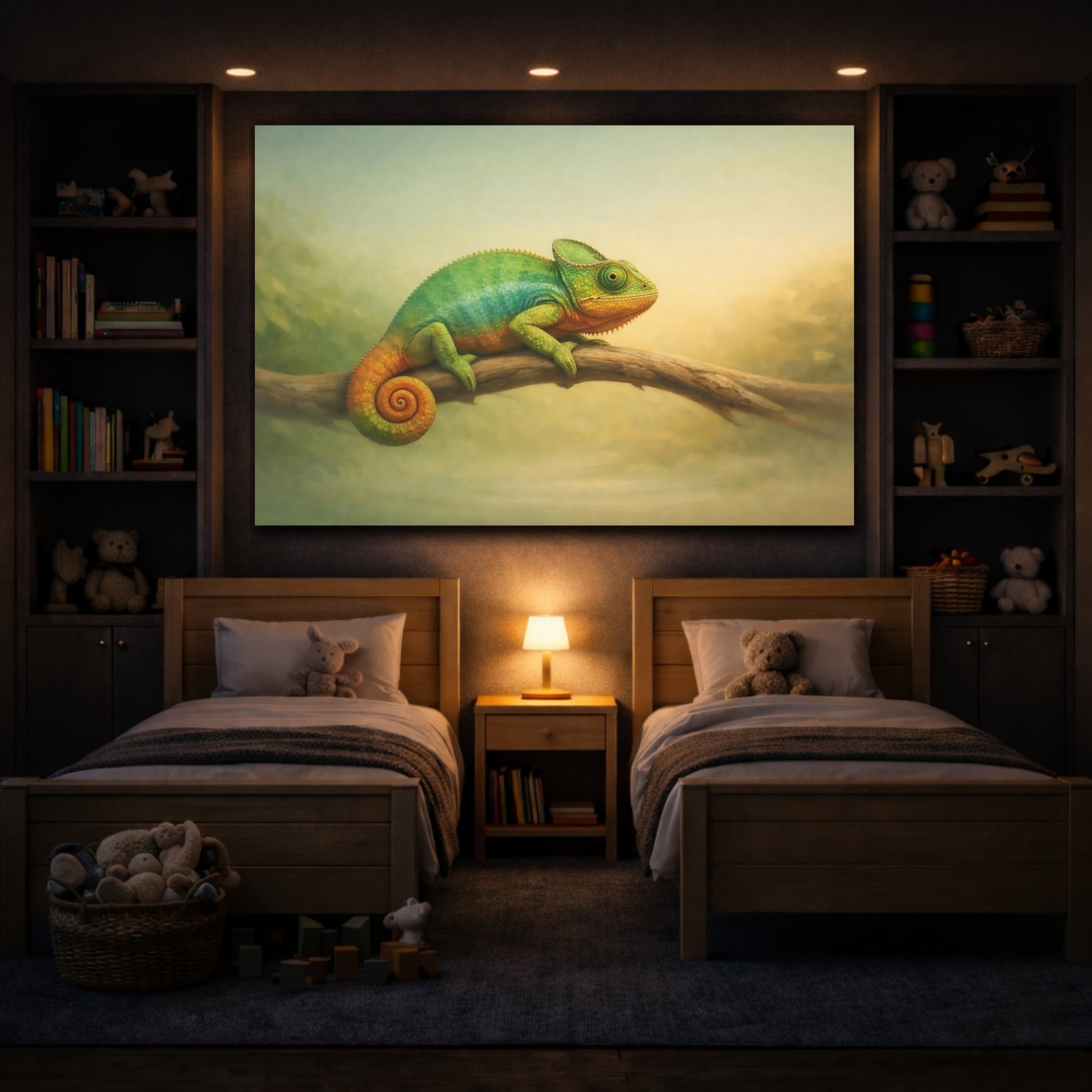 Animals Chameleon Chameleon Green Orange shown as front canvas room wall art