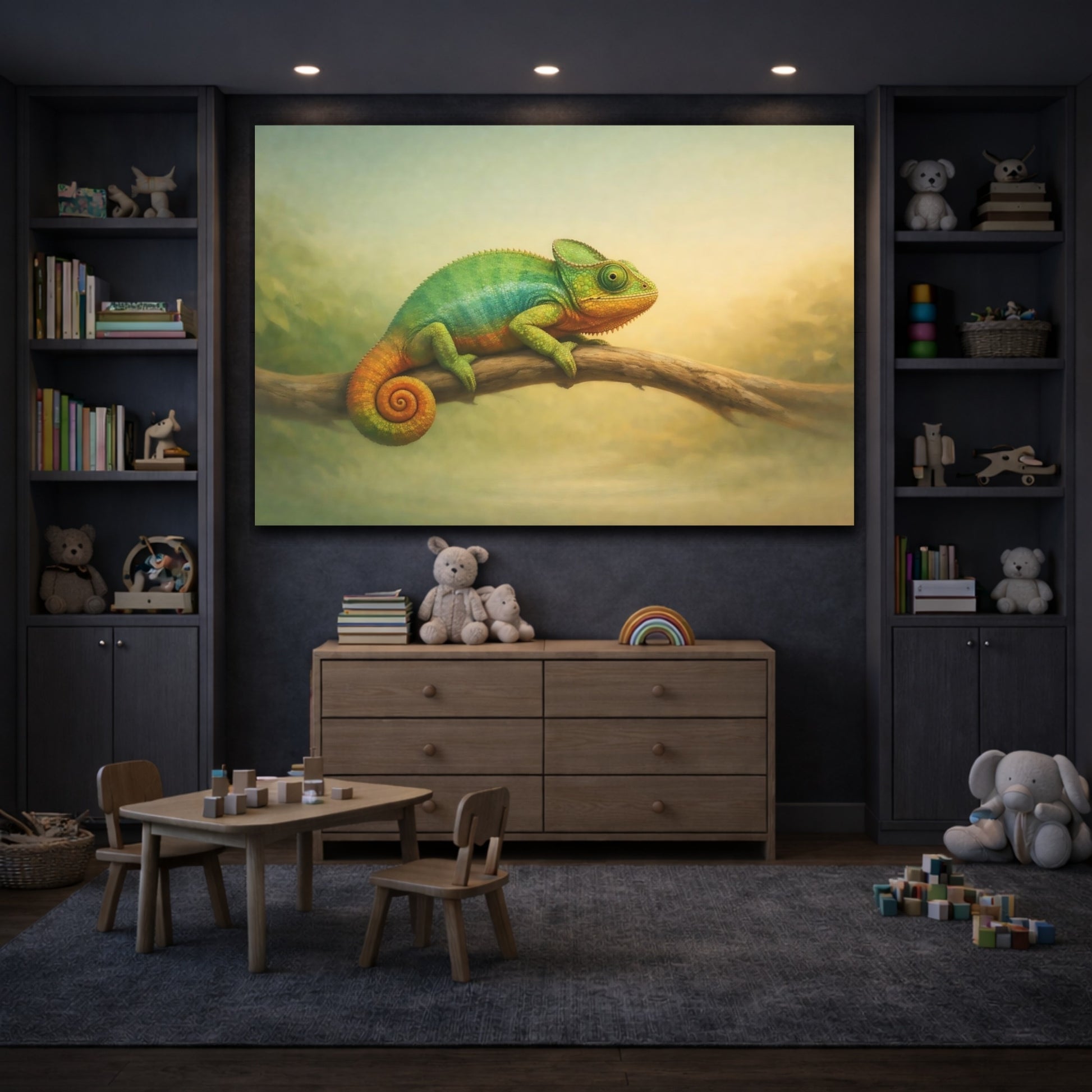 Animals Chameleon Chameleon Green Orange shown as front canvas room wall art
