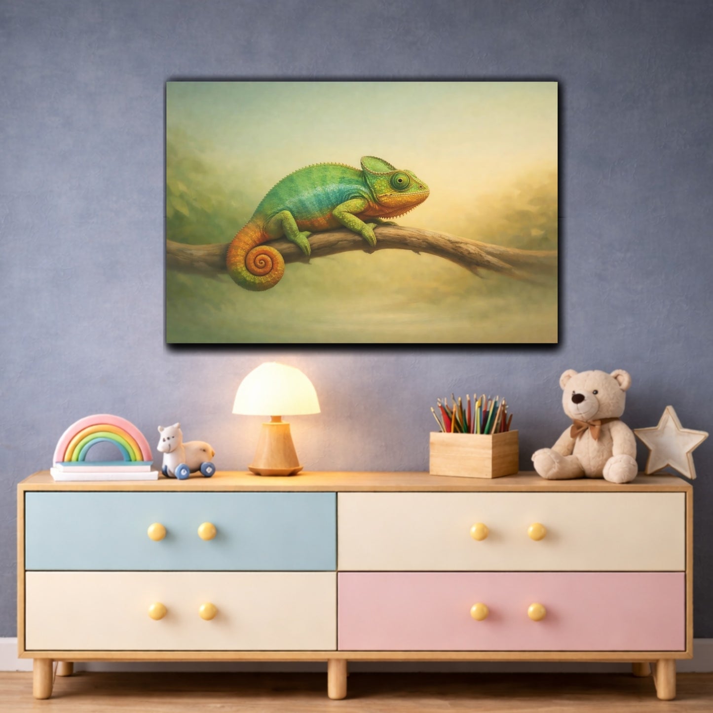 Animals Chameleon Chameleon Green Orange shown as front canvas room wall art