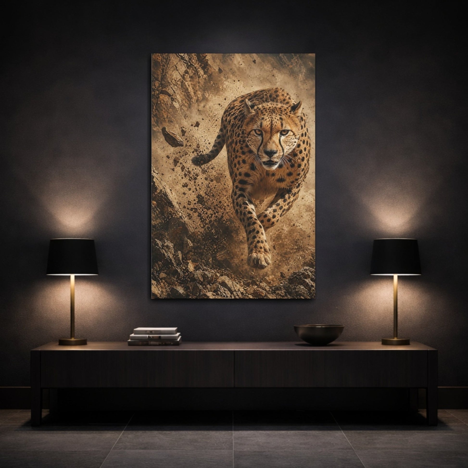 Animals Cheetah Brown And Black Canvas Wall Art Print – Realistic Living Room, Above Sofa - YesArtYes