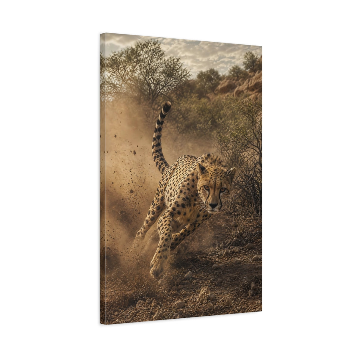 Side Mockup 2. Animals Cheetah Brown And Tan shown as stretched canvas wall art