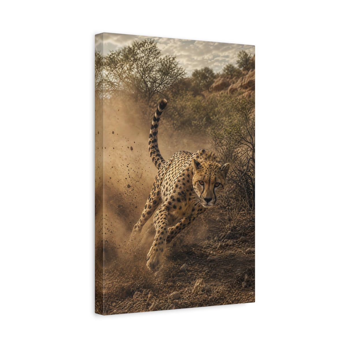 Side Mockup 4. Animals Cheetah Brown And Tan shown as stretched canvas wall art