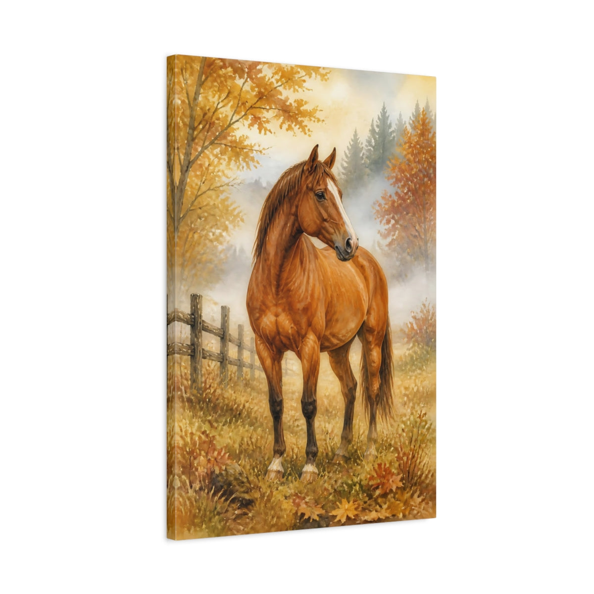 Side Mockup 2. Animals Chestnut Horse In Autumn shown as canvas print