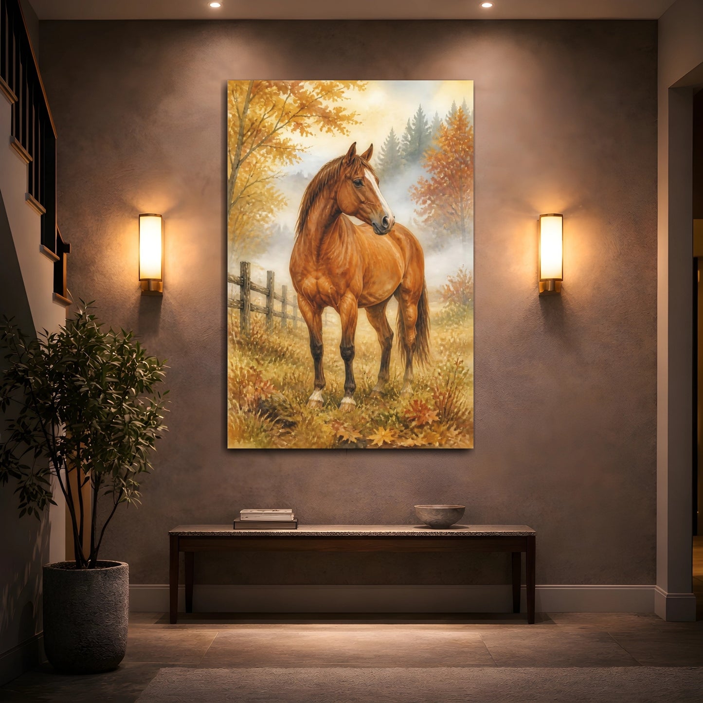 Mockup 2. Animals Chestnut Horse In Autumn shown as canvas print