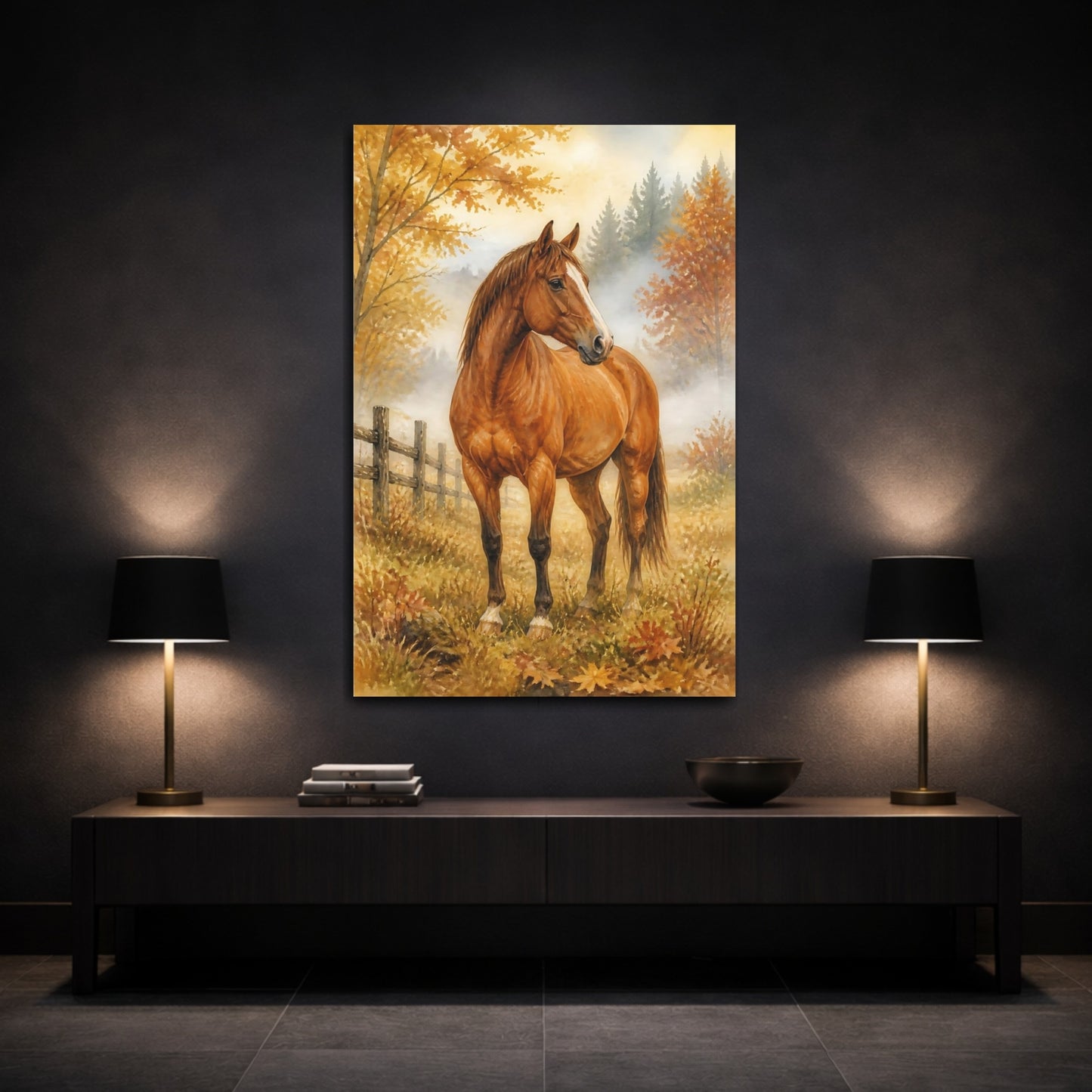 Mockup 3. Animals Chestnut Horse In Autumn shown as canvas print