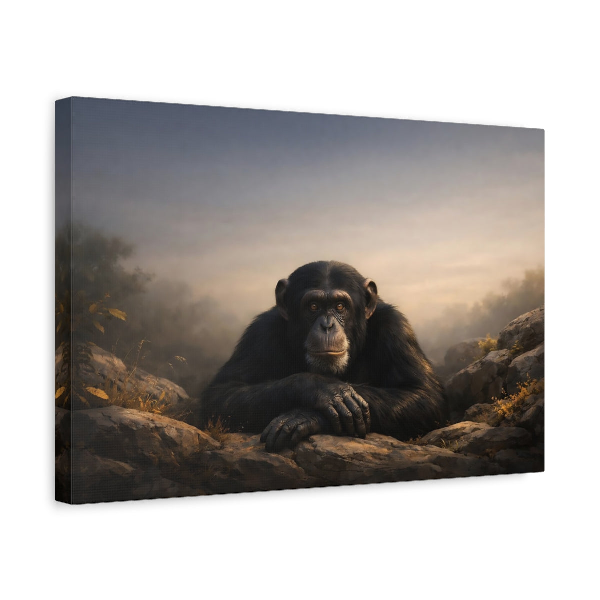 Side Mockup 4. Animals Chimpanzee Chimpanzee Black Gray shown as stretched canvas wall art