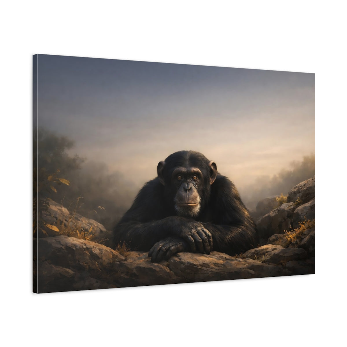 Side Mockup 1. Animals Chimpanzee Chimpanzee Black Gray shown as stretched canvas wall art